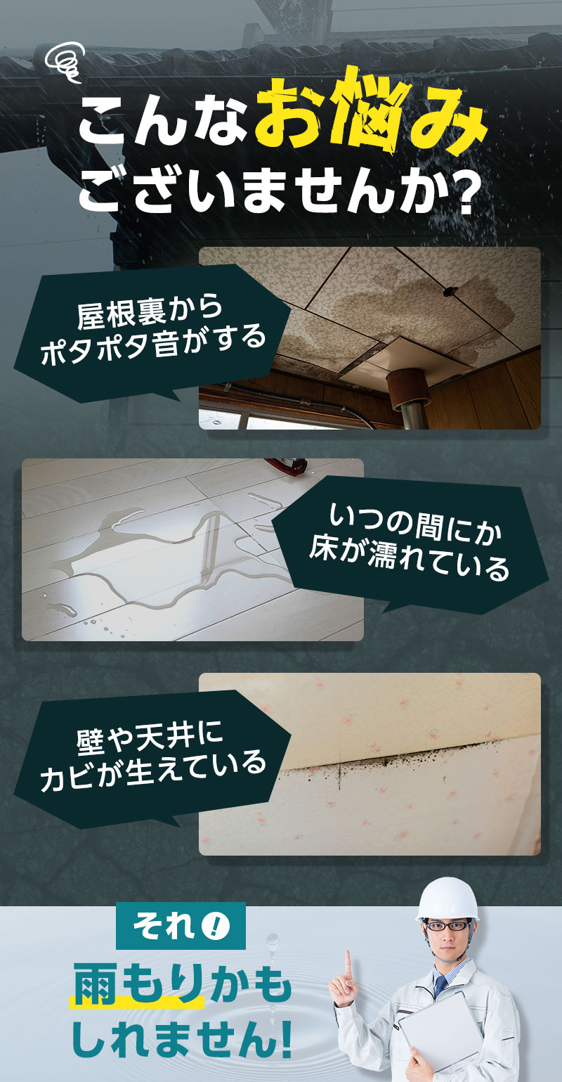 こんなお悩みございませんか？屋根裏からポタポタ音がする/いつの間にか床が濡れている/壁や天井にカビが生えている